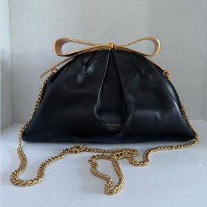 Kate Spade Bridal Bow Leather Clutch Bag - Black Leather with Gold Chain
